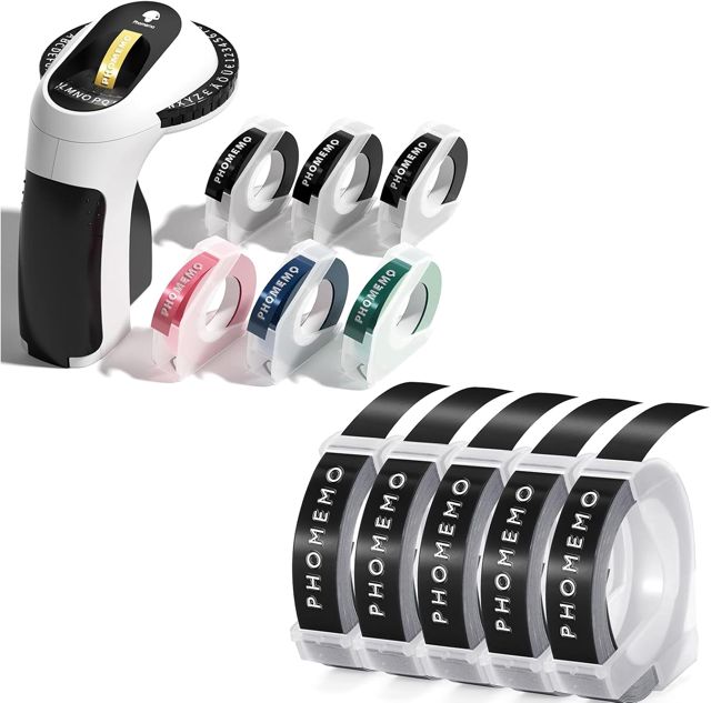 Phomemo Etikettiergerät mit 11 Etikettenband, 3D Prägegerät E975, Tragbarer Beschriftungsgerät, Schwarz Etikettenprägegerät, Ergonomisches Design, für Haus