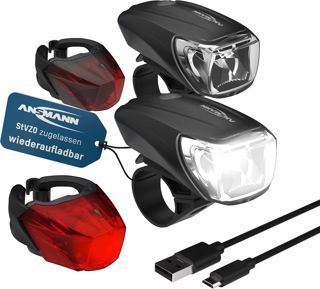 ANSMANN Fahrradlicht 2er Bundle Set StVZO zugelassen mit CREE LED, 140 m Leuchtweite 35 Lux 170 Lumen IPX4 Akkubetrieben aufladbar über USB Vorderlicht & Rücklicht