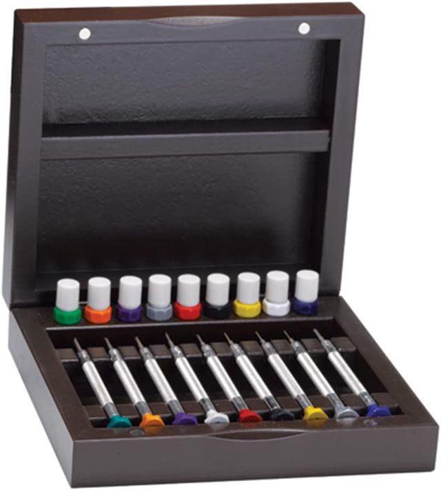 Schraubendreher-Satz, 9 Stück, mehrfarbig, in Holzbox, 0,60-2,00 mm, 35-40 HRC