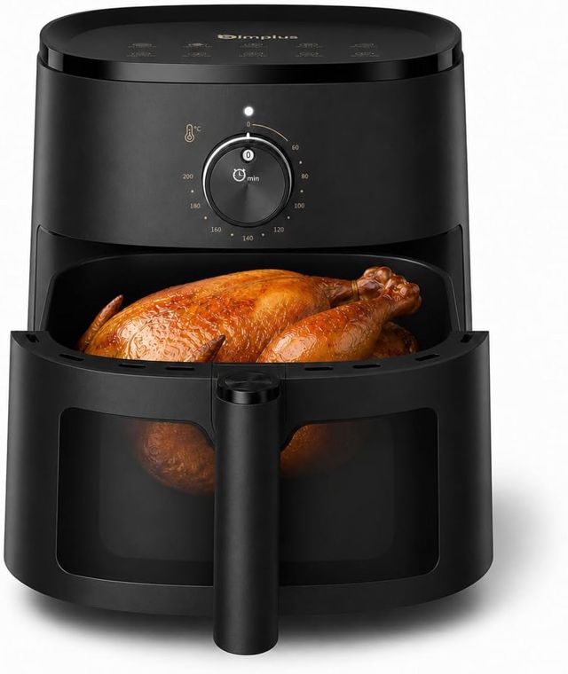 SIMPLUS Heißluftfritteuse 5 L mit Sichtfenster, 1300 W Airfryer mit Dampfgarfunktion, 360° Heißluft, Drehregler, 10 Garhinweise, 60–200 °C, Timer 60 Min., Antihaftkorb, für fettarmes Frittieren