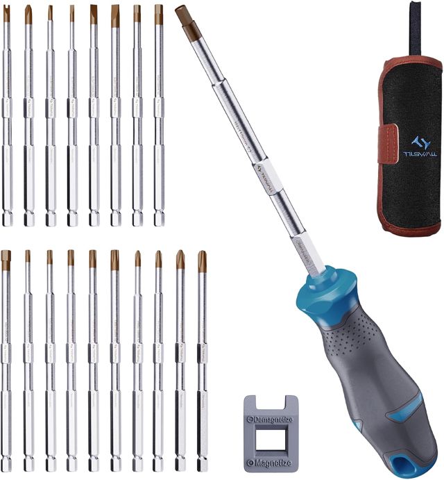 Tilswall Schraubendreher Set, 18-in-1 Schraubenzieher Set Einschließlich 3x Schlitz, 4x Kreuzschlitz, 3x Sechskant, 5x Torx-Bits usw., Magnetisch Bit Set mit Aufbewahrungstasche und Schlüsselband