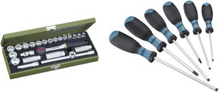 PROXXON Steckschlüsselsatz, Kompaktsatz mit 3/8"-Umschaltratsche, 23110 & HAZET Schraubendreher-Satz 810SPC/6 | 6-teilig mit rutschfestem 3-Komponenten-Griff, 4x Schlitz-Profil, 2x Kreuzschlitz-Profil