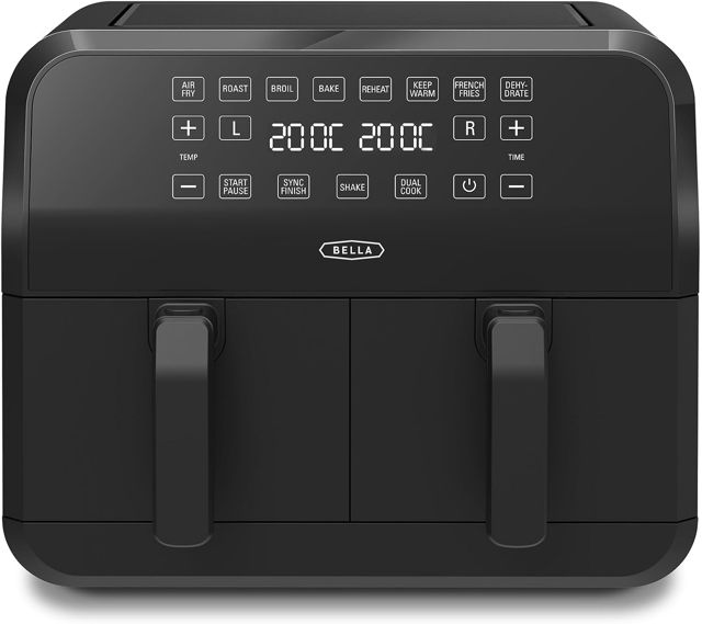 bella 8L Dual Basket Heißluftfritteuse mit Touchscreen, 8 Kochfunktionen, einstellbarer Temperatur, automatischer Abschaltung und Timer, antihaftbeschichteten Kochschalen, 1700W, Schwarz