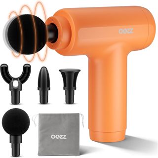 OOZZ Mini-Massagepistole, Körpermassagegerät mit Aufbewahrungstasche, 5 Intensitätsstufen, kompaktes Handmassagegerät, 4 austauschbare Aufsätze (Orange)