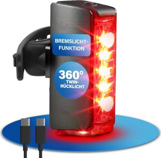 FISCHER LED-Fahrradrücklicht Twin Stop – mit Bremslicht & 360° Boden-Licht | USB-C aufladbares Fahrrad-Rücklicht | IP44-Aluminiumgehäuse | StVZO-zertifiziertes Fahrradlicht, werkzeuglose Montage