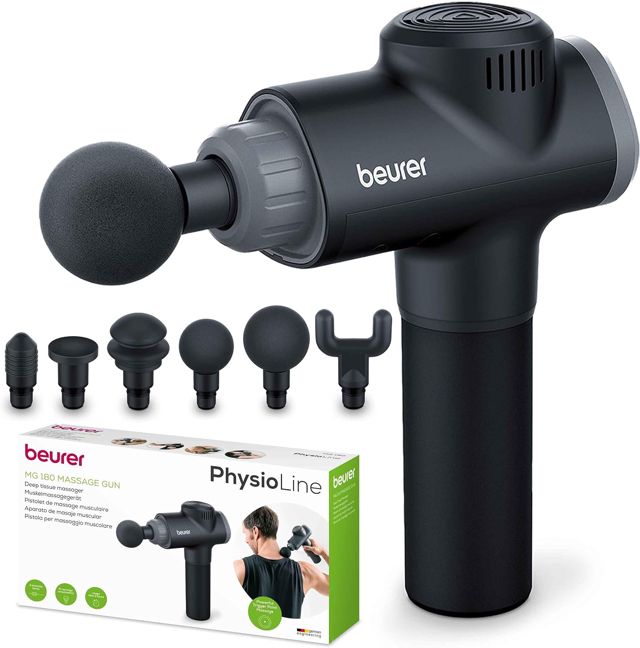 Beurer MG 180 Massage Gun, Massagepistole mit 6 Aufsätzen, 4 Intensitätsstufen zur gezielten Muskelmassage, anwendbar für alle Muskelpartien zur Aktivierung und Regeneration , (1er Pack)