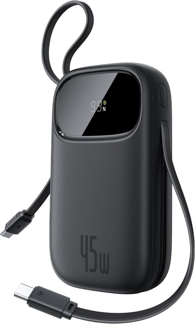 Baseus QPow3 Powerbank 45W 20000mAh mit 2 integriertem USB-C Kabel, Power Bank PD3.0 QC4.0, 3 USB C und 1 USB A, LED Display Schnellladefunktion für iPhone 17/16/15 Pro Max, iPad, Galaxy, Schwarz