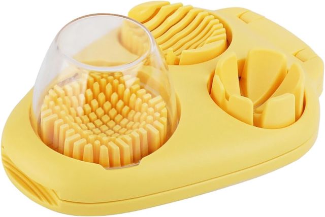 Eierschneider mit Behälter, 3-in-1, manueller Eierschneider für hart gekochte Eier, Küchenhelfer für Erdbeeren, Kiwis, Banane, 20 x 14,5 x 8 cm