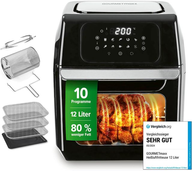 GOURMETmaxx FryUp3 Vertikale Heißluftfritteuse 3 Kammern | Heissluftfritteuse XXL 17 Liter | Airfryer mit Multi-Colour-Klapp-Touchdisplay | Air Fryer Fritteuse für 12 Personen | 12 One-touch-Programme