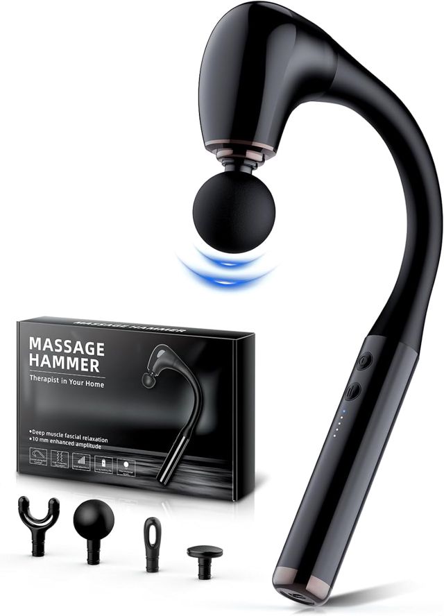 Massagepistole mit verbessertem Verlängerungsgriff, 10-mm-Massagepistole für tiefes Gewebe, 5 Geschwindigkeitsstufen, Rückenmassagegerät mit 4 Aufsätzen, tragbares Massagegerät für Muskeln/Nacken/Schu