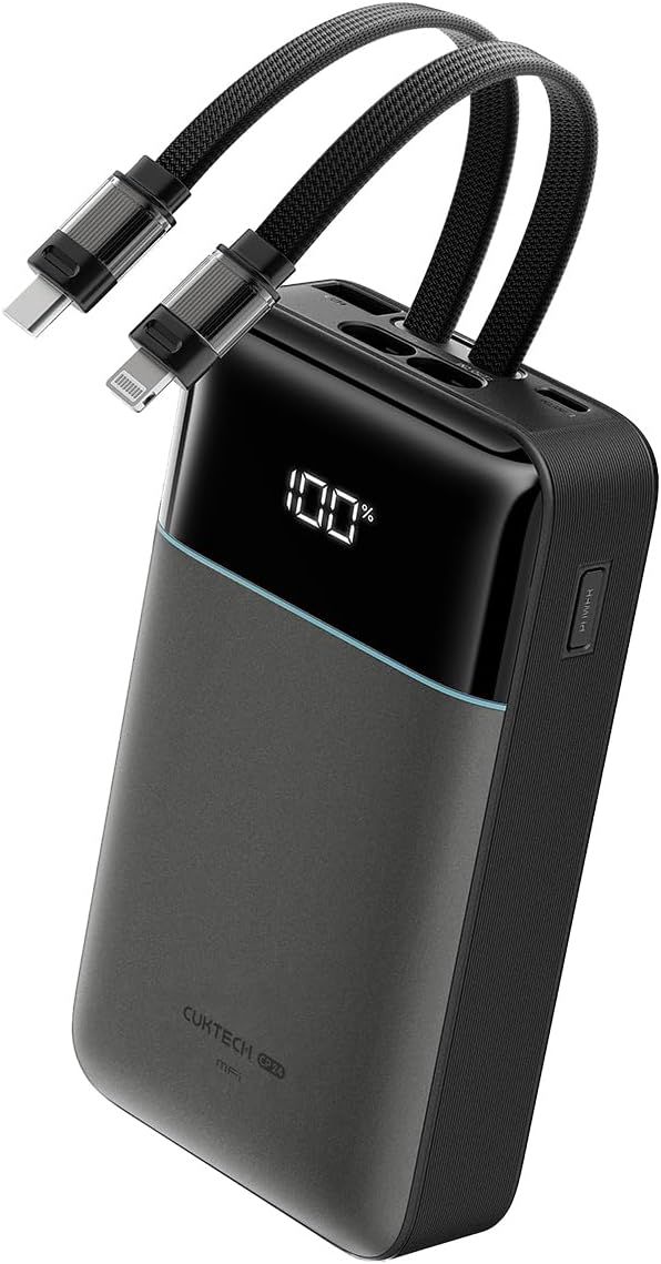 CUKTECH Power Bank 20000mAh 40W Tragbares Ladegerät mit Integriertem USB-C und MFi-zertifiziertem Lightning-Kabel, Akkupack für iPhone 16/15 Plus Pro MAX, Galaxy S24/S23 Ultra, Xiaomi, iPad