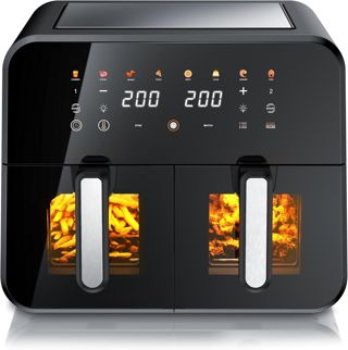 Arendo - XXL Heißluftfritteuse 11 Liter - 2 Kammern mit Fenster - extra Groß Dual Zone - Backofen Umluft - Grill - Airfryer mit Fenster - Dörrautomat - Fritteuse ohne Öl - Pizza Hähnchen Pommes