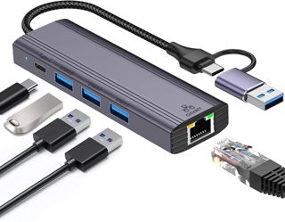 5-IN-2 USB-C auf Ethernet Adapter mit 3*USB 3.0 & 1*USB-C, USB 3.0 auf RJ45 Gigabit LAN Netzwerkadapter Nylon geflochten & Aluminiumlegierung LAN Hub für iPhone16/15, iPad, MacBook, Surface, Dell XPS