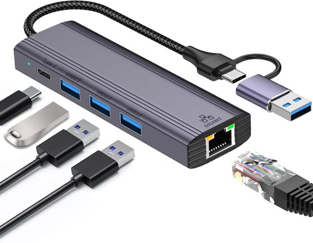 5-IN-2 USB-C auf Ethernet Adapter mit 3*USB 3.0 & 1*USB-C, USB 3.0 auf RJ45 Gigabit LAN Netzwerkadapter Nylon geflochten & Aluminiumlegierung LAN Hub für iPhone16/15, iPad, MacBook, Surface, Dell XPS