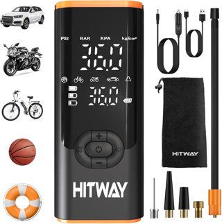 HITWAY Elektrische Luftpumpe, Tragbare Fahrradpumpe mit 6000mAh Akku, 150PSI Akku Kompressor, geeignet für Autos, Fahrräder, Motorräder und Bälle, auch als Powerbank nutzbar