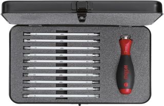 Wiha Schraubendreher mit Wechselklingen Set SYSTEM 6 (03591), 12 tlg. für tiefliegende Schrauben, Innensechskant/Kreuz/TORX/Schlitz inkl. Rolltasche