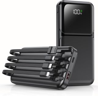 Power Bank 15000mAh mit 4 Kabeln, Powerbank 22,5W PD20W USB-C Schnelllade-Externe Handyakku, Tragbares Ladegerät mit LED-Anzeige für iPhone Samsung Huawei Outdoor