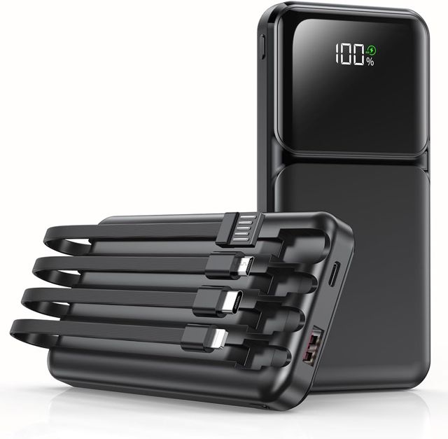 Power Bank 15000mAh mit 4 Kabeln, Powerbank 22,5W PD20W USB-C Schnelllade-Externe Handyakku, Tragbares Ladegerät mit LED-Anzeige für iPhone Samsung Huawei Outdoor