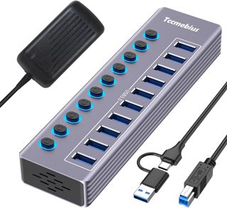 USB Hub Aktiv 3.0 mit 36W(12V/3A) Netzteil, 2-in-1 (USB A/C) zu 10 Port USB 3.0 Daten Hub mit Einzelperson LED EIN/Aus-Schalter, 100cm Kabel, für Laptop MacBook Pro/Air PC (Aluminium Grau)