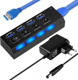 USB Hub 3.0 mit Netzteil, 4 Ports USB3.0 Hub Aktiv mit Individuellen LED, USB Verteiler 3.0 mit 5V/2A Netzteil Adapter für Laptop, PC Maus und Tastatur, 5Gbps Datenübertragung