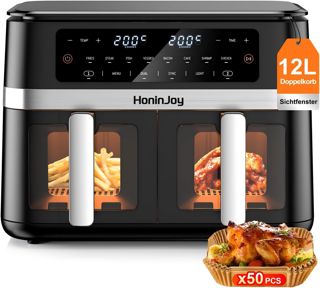 Heißluftfritteuse 2 Kammern, Airfryer 12L, mit Sichtfenster