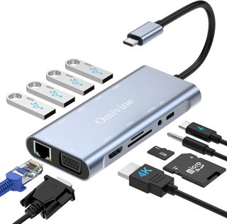 11-In-1 USB C Hub mit PD 100W, 4K HDMI, VGA, Ethernet, 1 X USB 3.0, 3 X USB 2.0, SD/TF Kartenleser, 3.5 mm Aux Ports für iPhone 17/16/15, MacBook, iPad, Samsung, Mac, Surface, Dell, Laptop, PS4, TV