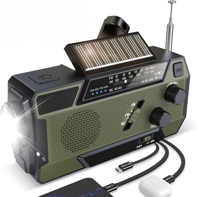 Kurbelradio Notfallradio 4000mAh (14800 mWh) Akku, Powerbank mit 3 integrierten Kabeln, Radio mit Kurbel und Solar, AM/FM SOS Alarm Taschenlampe Notfall Kurbel Radio für Camping Outdoor Stromausfall