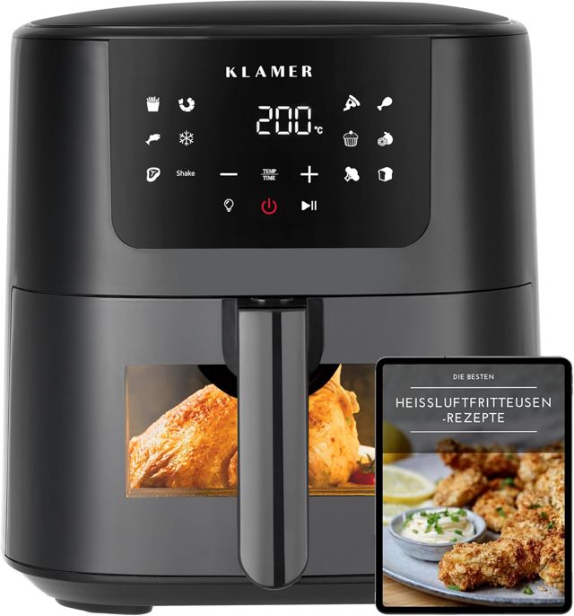 KLAMER Heißluftfritteuse 5 L XL mit Sichtfenster, für bis zu 5 Personen