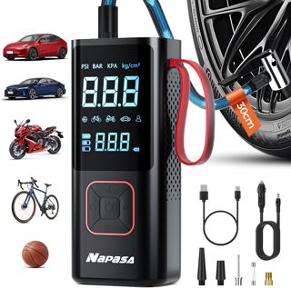 NAPASA Elektrische Luftpumpe 10,3 Bar Akku Luftpumpe Mini 6000mAh & 12V DC Tragbare Elektrische Kompressor mit alle ventile für Auto, Fahrrad, Motorrad, Mit Powerbank, LED-Licht, Automatischem