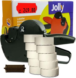 Preisauszeichner Set Jolly C8 inkl. 10 Rollen 26x12 Preisetiketten - weiss permanent + 1 Farbrolle | MHD Datumsauszeichner | HUTNER