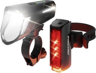 Fischer Fahrrad LED-Akku Beleuchtungs-Set Twin Stop 100 Lux, mit Sensormodus, Lange Leuchtdauer, stabiles Aluminium-Gehäuse, schwarz, 1 Stück