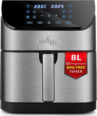 LEHMANN Heißluftfritteuse XL 6,5L, 8 Programme, Große Metallkammer, Digitales Display, Timer, Antihaftbeschichtung, Spülmaschinenfester Korb, 80-200°C, Air Fryer ohne Öl für Familie