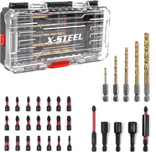 X-STEEL 44-tlg Schrauberbit-Set, 25mm Bits,Magnethalter & Schnellwechsel-Bithalter, CR-V Stahl, robuste Aufbewahrungsbox für Heimwerker & Profi