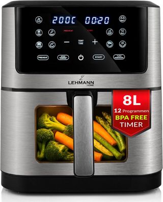 LEHMANN Heißluftfritteuse XXL 8L, Flexible Dual-Zone-Kammer, Sichtfenster, 12 Programme, Temperaturregelung 76-200°C, Digitales Display, Timer, Antihaftbeschichtung, Familien Air Fryer ohne Öl
