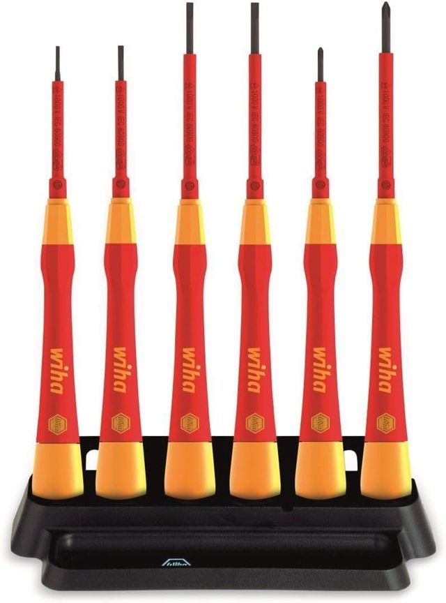 Wiha Feinschraubendreher Set PicoFinish® electric 7-teilig inkl. Halter I Schraubendreher für Elektriker I VDE I Schlitz, Kreuzschlitz (42989)