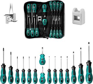 Schraubendreher-Satz mit Magnetischer Spitze, 15 Tlg Profi Schraubenzieher Set 8 Schlitz und 7 Kreuzschlitz, Chrom-Vanadium-Stahl, Kissengriff, Elektriker Werkzeug für Befestigen und Lösen Schrauben