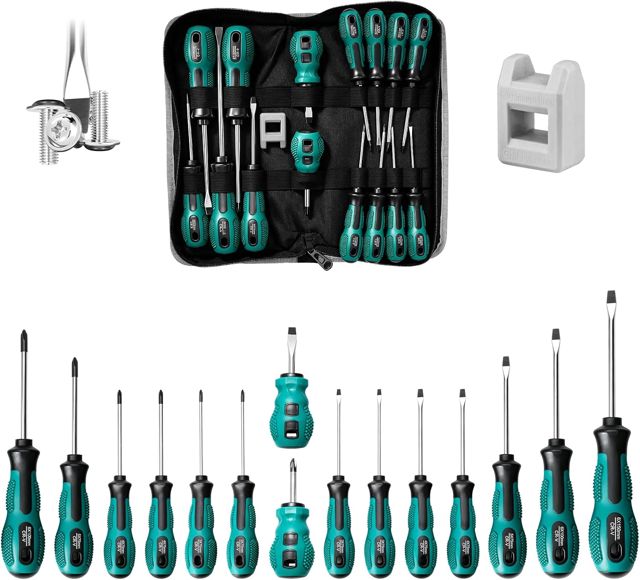 Schraubendreher-Satz mit Magnetischer Spitze, 15 Tlg Profi Schraubenzieher Set 8 Schlitz und 7 Kreuzschlitz, Chrom-Vanadium-Stahl, Kissengriff, Elektriker Werkzeug für Befestigen und Lösen Schrauben