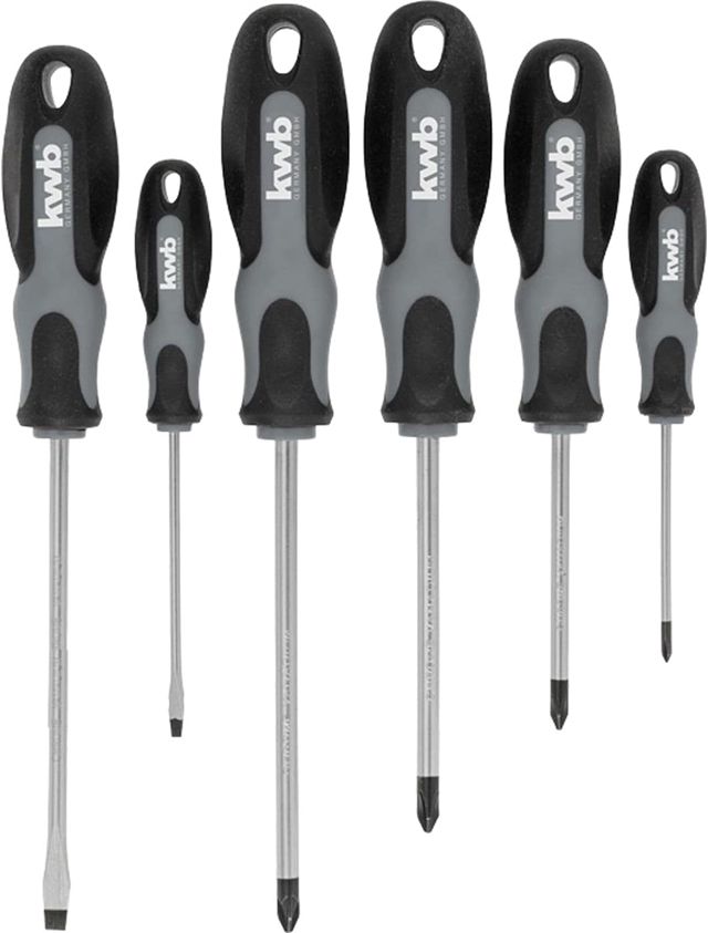 kwb Schraubendreher-Set 6-teilig, mit magnetischer Spitze, extra gehärtet, inkl. 2-Komponenten-Griff und Aufhänge-Loch, Schraubenzieher-Satz aus mattiertem CV Stahl