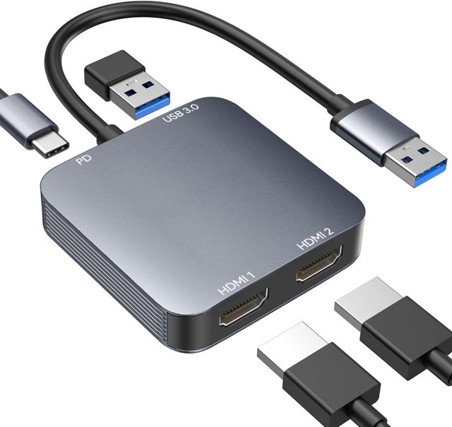 ABLEWE USB 3.0 auf Dual HDMI Adapter mit USB3.0 Port, HDMI zu USB Audio Video Grafikkonverter Kabel für Laptop Monitor Desktop TV, kompatibel mit Mac OS, Windows