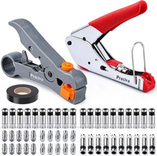 Preciva Koaxial Abisolier- & Crimpwerkzeug Set 53-teilig | Rotations-Abisolierer + Ratschen-Crimpzange für RG6 RG59 | inkl. 30 F-Kompressionsstecker + 20 Adapter | für SAT CATV CCTV Breitband