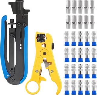 ​GOEDCH Kompressionszange Abisolierwerkzeug 32-teilig: Abisolierwerkzeug für Koaxialkabel Set, RG6 F-Kompressionssteckern, Adapter Ideal für SAT-TV, Antennen und TV-Kabel-Installation