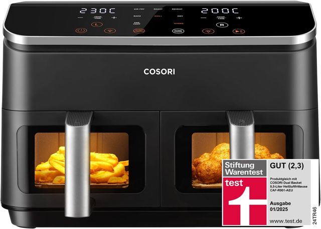 COSORI Airfryer, Testsieger der Stiftung Warentest, Heißluftfritteuse 2 Kammern, 8,5L Heissluftfritteuse mit Sichtfenster, Metall-Innenraum reduziert Kunststoffkontakt