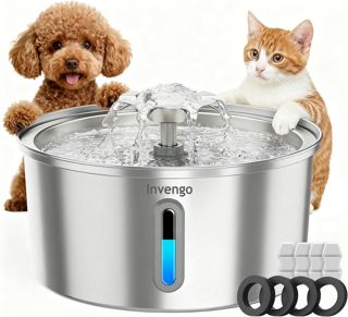 Invengo Katzenbrunnen Edelstahl, 3.2L Ultra-Leiser Trinkbrunnen für Katze mit Wasserstandsanzeige und 5-Fach Filtersystem - Haustierbrunnen für Katzen und Kleine Hunde, Inklusive 4 Ersatzfiltern