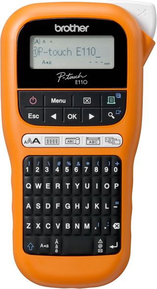 Brother PT-E110 Industrielles Beschriftungsgerät (für 3,5 bis 12 mm breite TZe-Schriftbänder, Beschriftung von Kabeln und Anschlüssen), orange