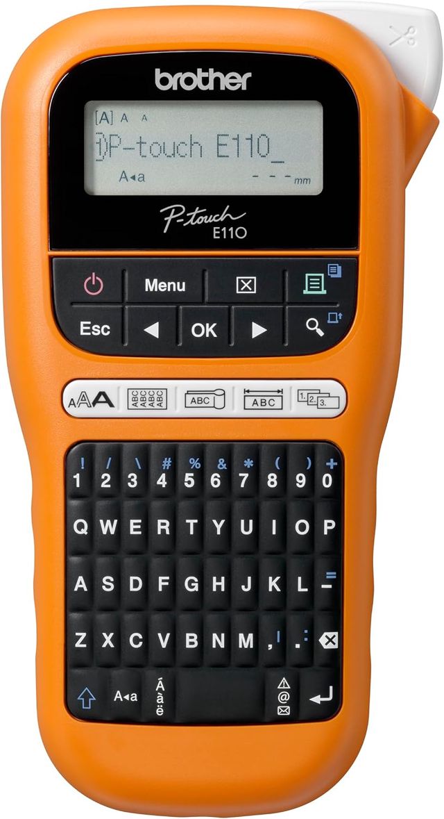 Brother PT-E110 Industrielles Beschriftungsgerät (für 3,5 bis 12 mm breite TZe-Schriftbänder, Beschriftung von Kabeln und Anschlüssen), orange