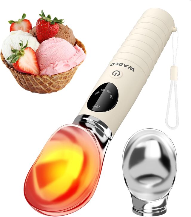 WADEO Beheizter Eisportionierer wiederaufladbar, Abnehmbarer Eislöffel Portionierer mit 4 Temperaturstufen und LED-Anzeige, spülmaschinenfest, Ice Cream Scoop für Hartes Eis, Gelato und Frozen Yogurt