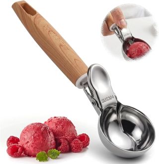 Eisportionierer Edelstahl mit Auswerfer, Eislöffel Portionierer Antihaft Oberfläche, Holzmaserung Griff Eiskugelportionierer, Ice Cream Scoop für Eiskugeln, Reis, Melonenkugeln, Keksteig (Silber)