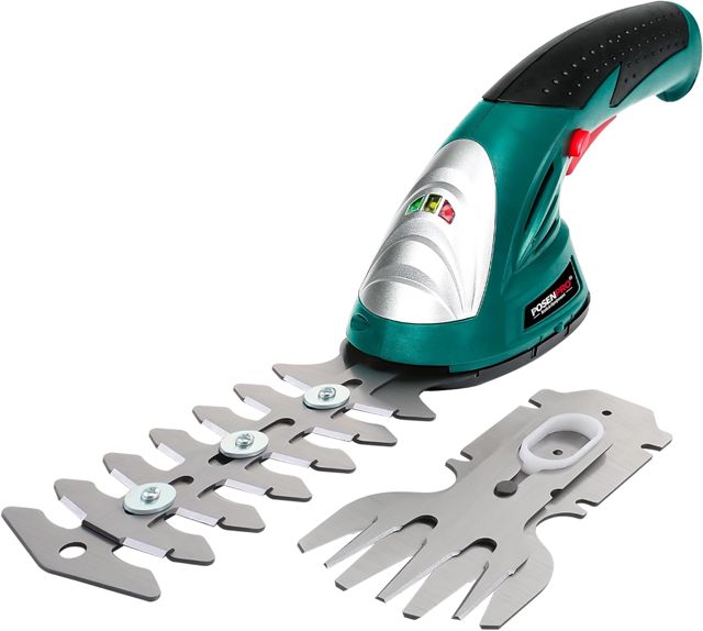 POSENPRO Akku-Gras- und Strauchschere 2-in-1, 12V Handliche Gartenschere für Hecken und Rasen, 2000mAh Strauchschere Elektrisch mit 2 Messern, Schnittbreite 10cm, Schnittlänge 18cm für Garten und Höfe