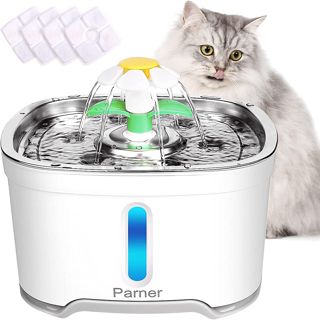 Katzenbrunnen, Katzenbrunnen für Katzen 2.5L mit Wasserstand Fenster, Wasserbrunnen für Katzen mit 4 Stück Hygienefilter & 1 Silikonmatte,Trinkbrunnen für Katze mit LED-Licht