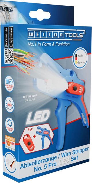 WEICON Abisolierzange No. 5 Pro LED-Set, präzises Abisolieren von 0,2-16 mm², LED mit 3 Helligkeitsstufen, für dunkle Arbeitsbereiche